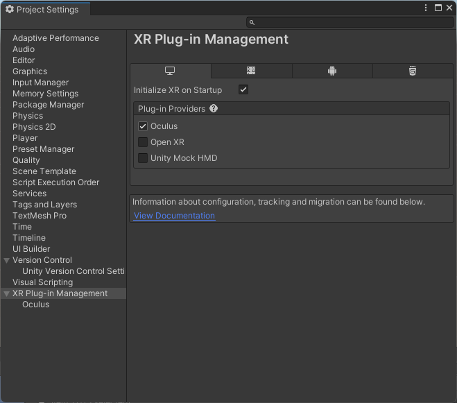 XR plugin management settings view in Unity