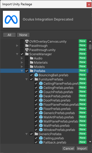 Oculus integration package screenshot in the Unity Package manager